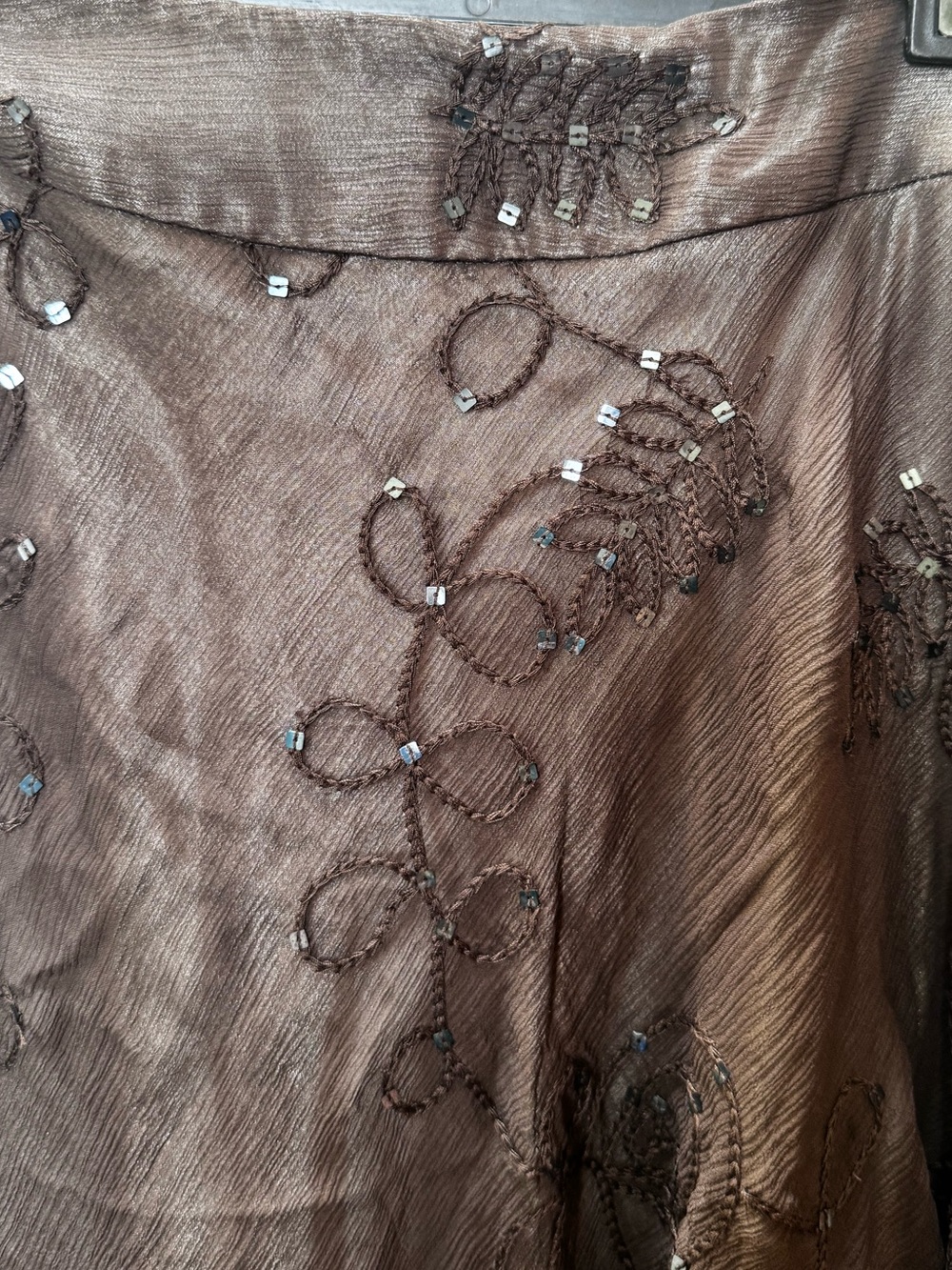Anne Klein NEW Y2K 100% Silk Sheer Embroidered Sequin Midi Skirt Brown 4 Boho - Picture 8 of 16